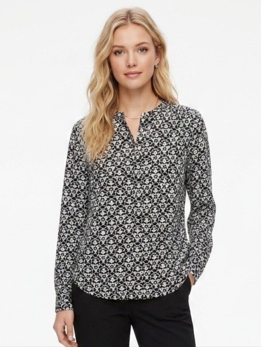 J. CREW Blouse Large Black White Geometric Print